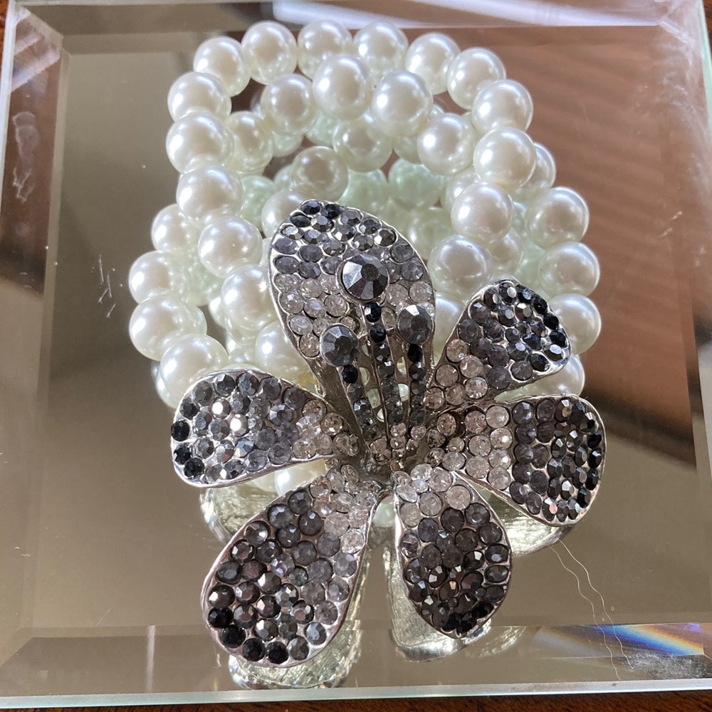 Orchid Rhinestone And Pearl Bracelet Chunky Tropical